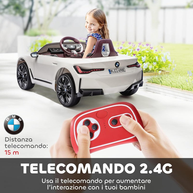 Macchina Elettrica per Bambini BMW I4 Telecomandata 12v con Fari a Led Bluetooth Cinture di Sicurezza a 3 Punti – Variante Bianco