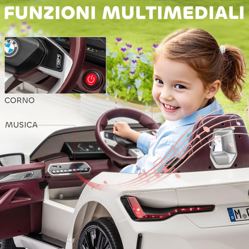 Macchina Elettrica per Bambini BMW I4 Telecomandata 12v con Fari a Led Bluetooth Cinture di Sicurezza a 3 Punti – Variante Bianco
