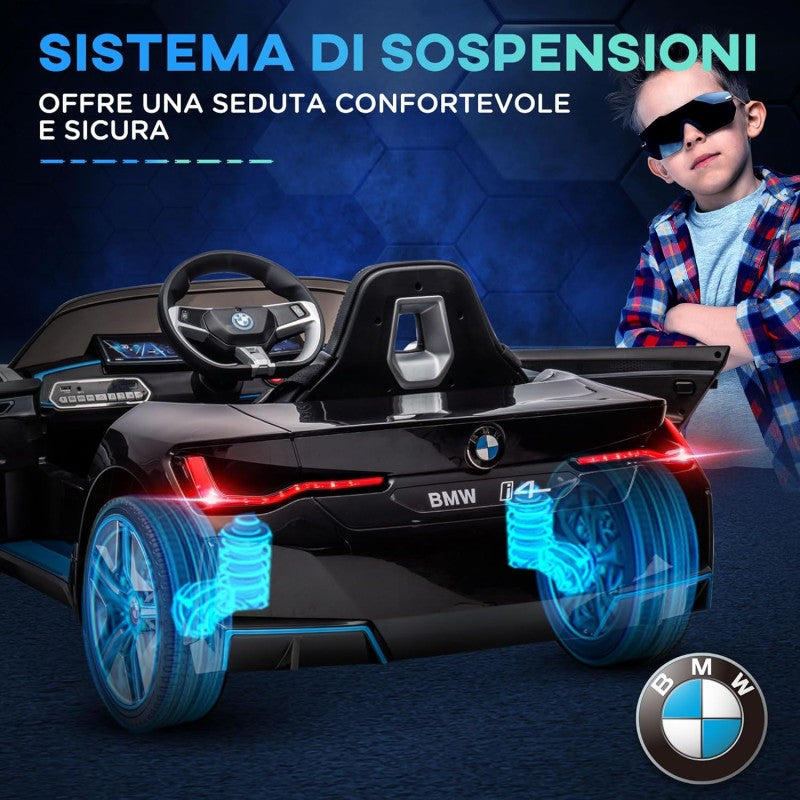 Macchina Elettrica per Bambini BMW I4 Telecomandata 12v con Fari a Led Bluetooth Cinture di Sicurezza a 3 Punti – Variante Nero
