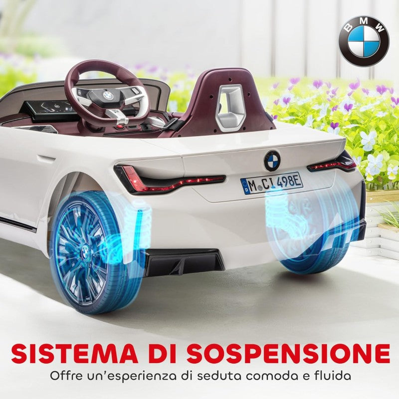 Macchina Elettrica per Bambini BMW I4 Telecomandata 12v con Fari a Led Bluetooth Cinture di Sicurezza a 3 Punti – Variante Bianco