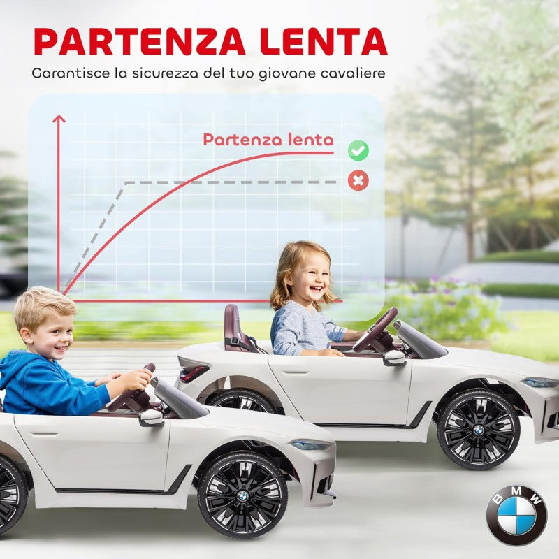 Macchina Elettrica per Bambini BMW I4 Telecomandata 12v con Fari a Led Bluetooth Cinture di Sicurezza a 3 Punti – Variante Bianco