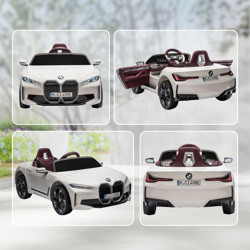 Macchina Elettrica per Bambini BMW I4 Telecomandata 12v con Fari a Led Bluetooth Cinture di Sicurezza a 3 Punti – Variante Bianco