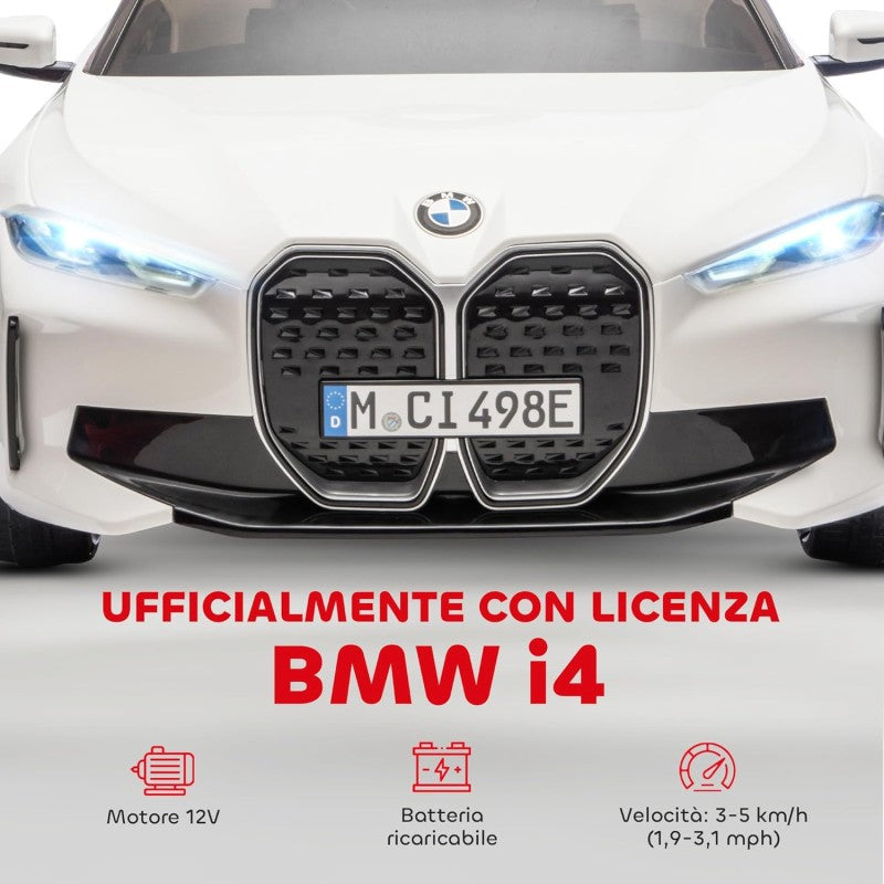 Macchina Elettrica per Bambini BMW I4 Telecomandata 12v con Fari a Led Bluetooth Cinture di Sicurezza a 3 Punti – Variante Bianco