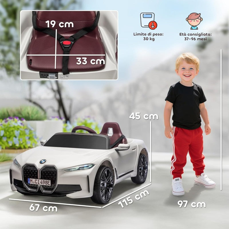 Macchina Elettrica per Bambini BMW I4 Telecomandata 12v con Fari a Led Bluetooth Cinture di Sicurezza a 3 Punti – Variante Bianco