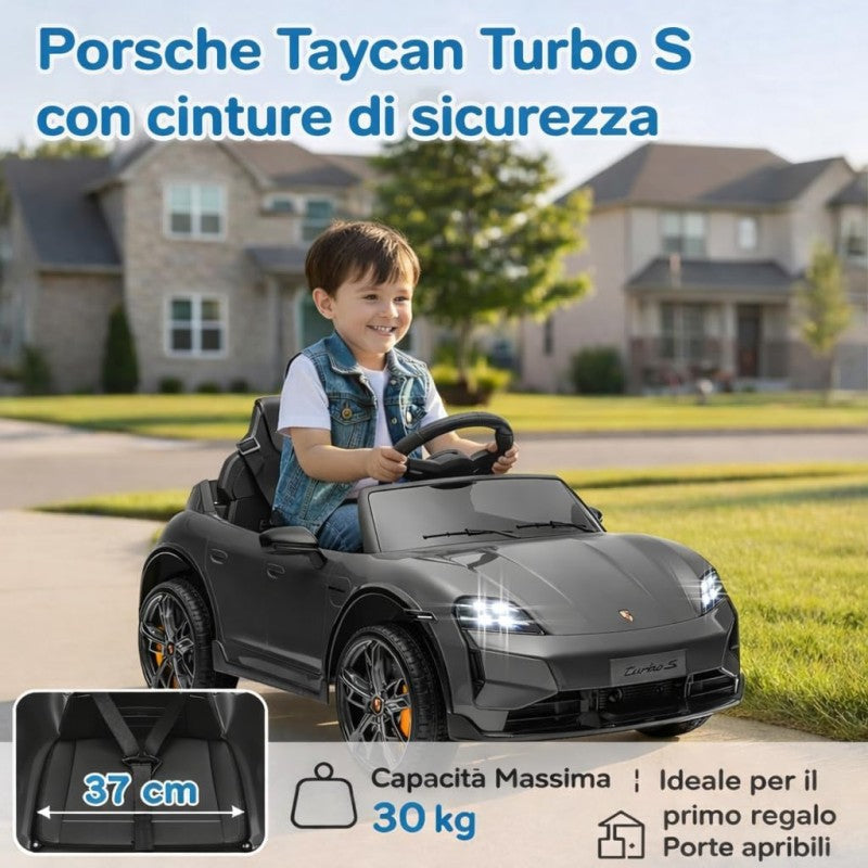 Macchina Elettrica per Bambini Porsche Taycan Turbo S 12V monoposto con Telecomando Cintura a 3 Punti – Variante Grigio