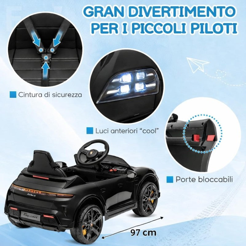 Macchina Elettrica per Bambini Porsche Taycan Turbo S 12V monoposto con Telecomando Cintura a 3 Punti – Variante Nero