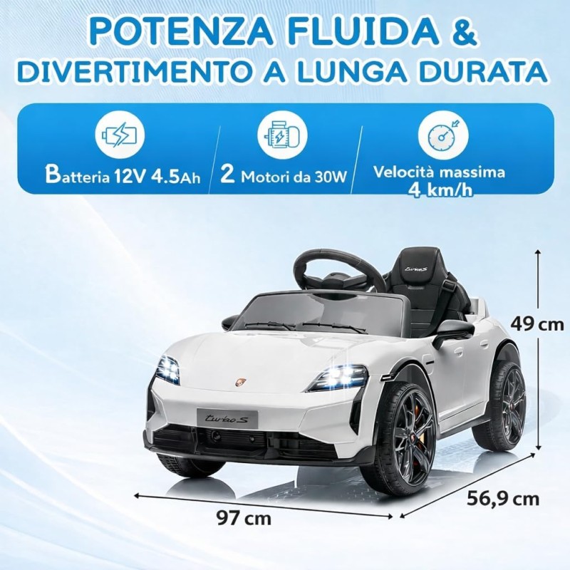 Macchina Elettrica per Bambini Porsche Taycan Turbo S 12V monoposto con Telecomando Cintura a 3 Punti – Variante Bianco