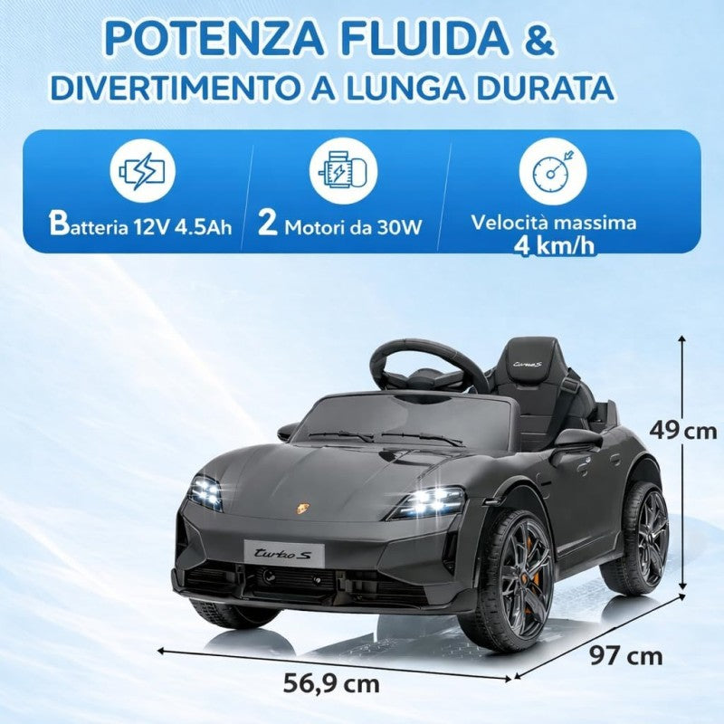 Macchina Elettrica per Bambini Porsche Taycan Turbo S 12V monoposto con Telecomando Cintura a 3 Punti – Variante Grigio