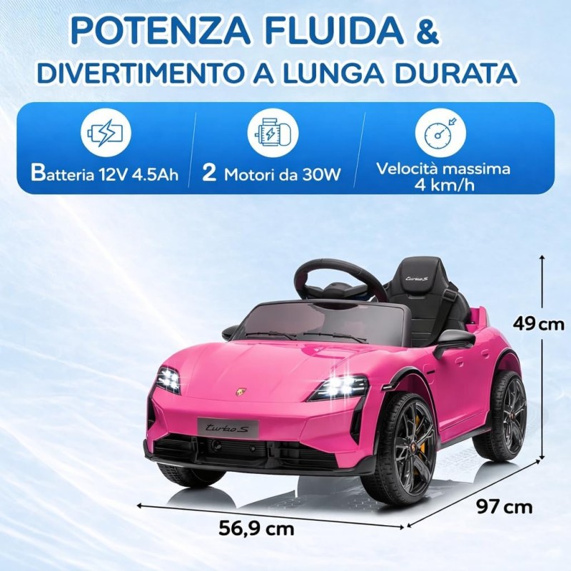 Macchina Elettrica per Bambini Porsche Taycan Turbo S 12V monoposto con Telecomando Cintura a 3 Punti – Variante Rosa