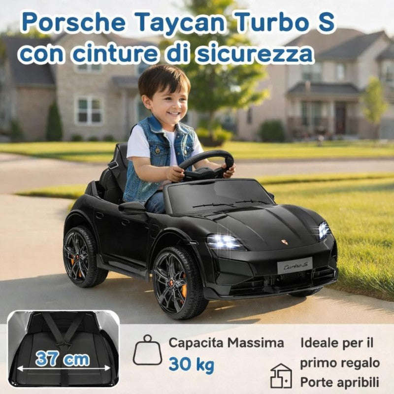 Macchina Elettrica per Bambini Porsche Taycan Turbo S 12V monoposto con Telecomando Cintura a 3 Punti – Variante Nero
