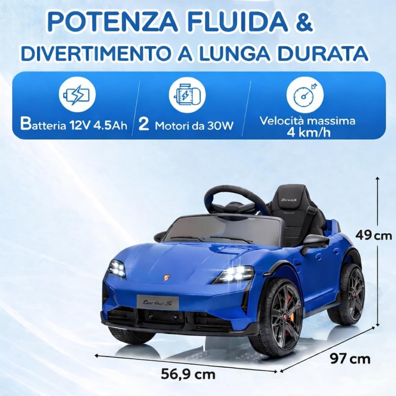 Macchina Elettrica per Bambini Porsche Taycan Turbo S 12V monoposto con Telecomando Cintura a 3 Punti – Variante Blu