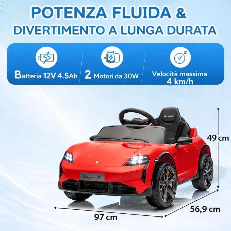 Macchina Elettrica per Bambini Porsche Taycan Turbo S 12V monoposto con Telecomando Cintura a 3 Punti – Variante Rosso
