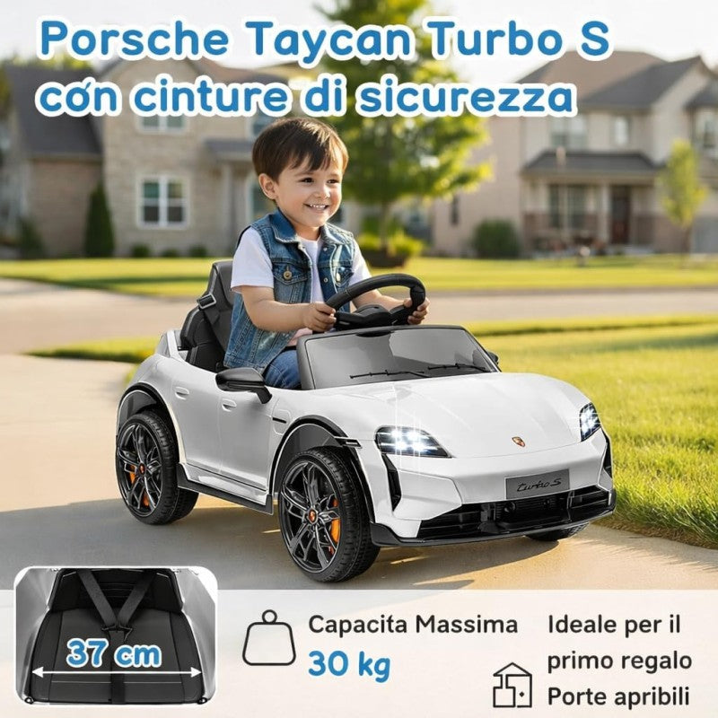 Macchina Elettrica per Bambini Porsche Taycan Turbo S 12V monoposto con Telecomando Cintura a 3 Punti – Variante Bianco
