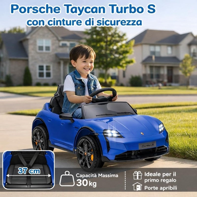 Macchina Elettrica per Bambini Porsche Taycan Turbo S 12V monoposto con Telecomando Cintura a 3 Punti – Variante Blu