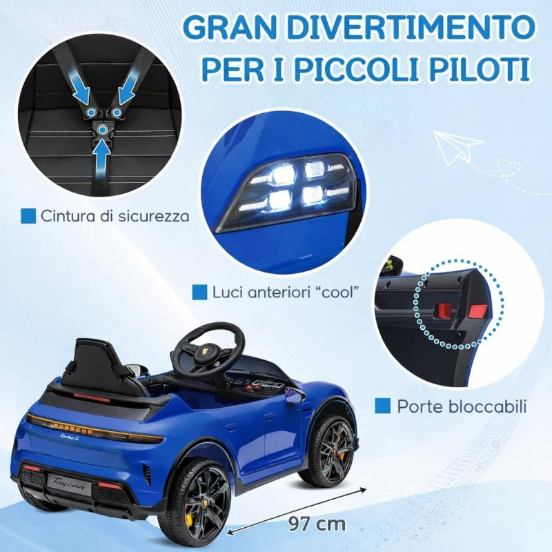 Macchina Elettrica per Bambini Porsche Taycan Turbo S 12V monoposto con Telecomando Cintura a 3 Punti – Variante Blu