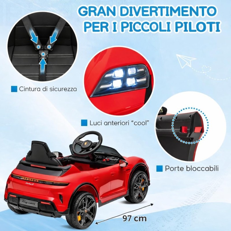 Macchina Elettrica per Bambini Porsche Taycan Turbo S 12V monoposto con Telecomando Cintura a 3 Punti – Variante Rosso