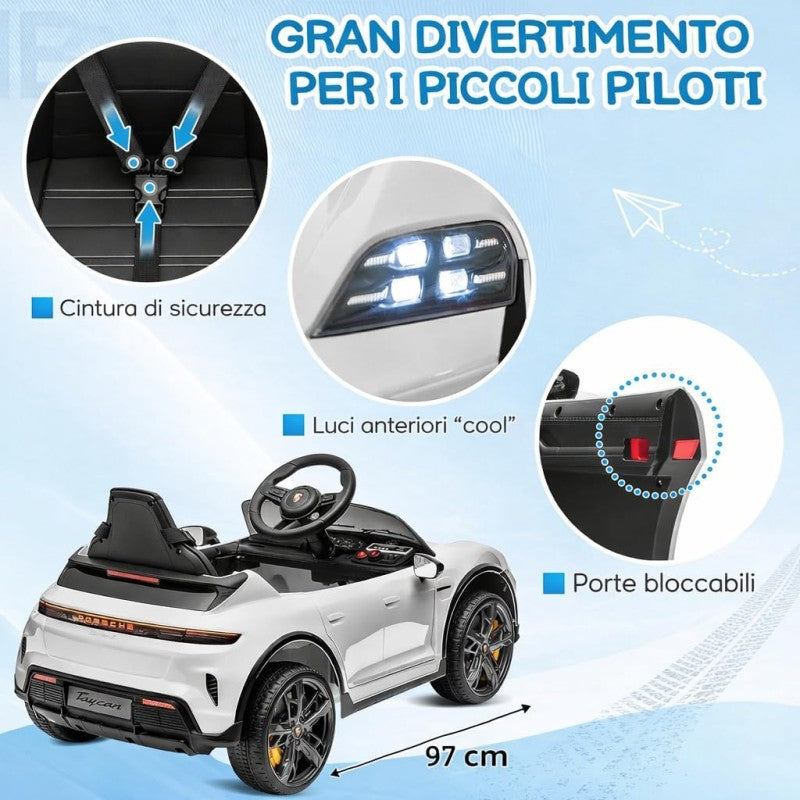 Macchina Elettrica per Bambini Porsche Taycan Turbo S 12V monoposto con Telecomando Cintura a 3 Punti – Variante Bianco