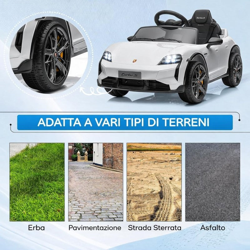 Macchina Elettrica per Bambini Porsche Taycan Turbo S 12V monoposto con Telecomando Cintura a 3 Punti – Variante Bianco