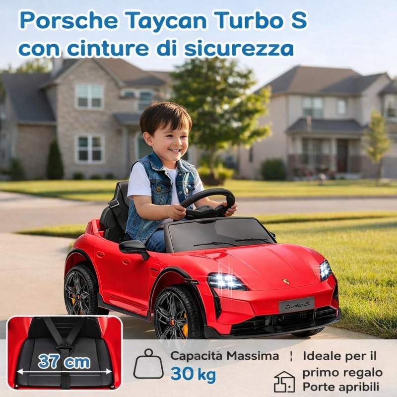 Macchina Elettrica per Bambini Porsche Taycan Turbo S 12V monoposto con Telecomando Cintura a 3 Punti – Variante Rosso