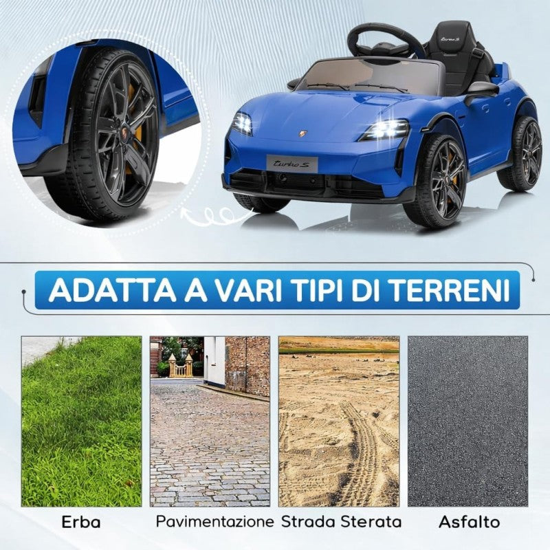 Macchina Elettrica per Bambini Porsche Taycan Turbo S 12V monoposto con Telecomando Cintura a 3 Punti – Variante Blu