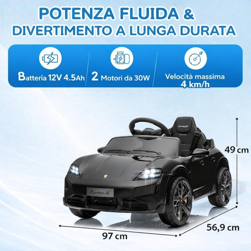Macchina Elettrica per Bambini Porsche Taycan Turbo S 12V monoposto con Telecomando Cintura a 3 Punti – Variante Nero