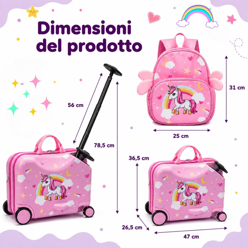 MonTravel Valigia Trolley Unicorno Cavalcabile per Bambini con Asta Telescopica Poggiapiedi e Zainetto MT-025 Horse