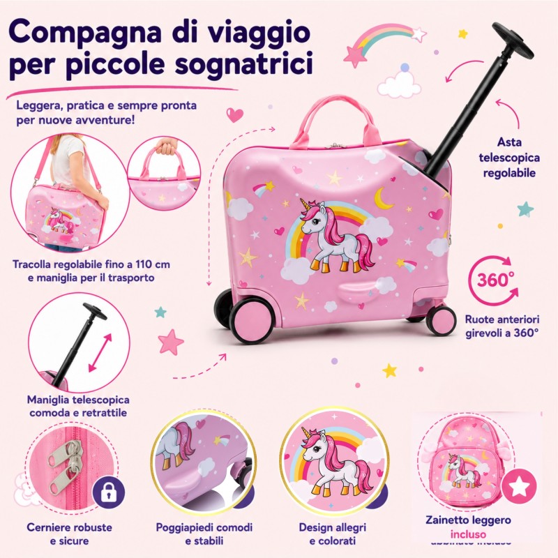 MonTravel Valigia Trolley Unicorno Cavalcabile per Bambini con Asta Telescopica Poggiapiedi e Zainetto MT-025 Horse
