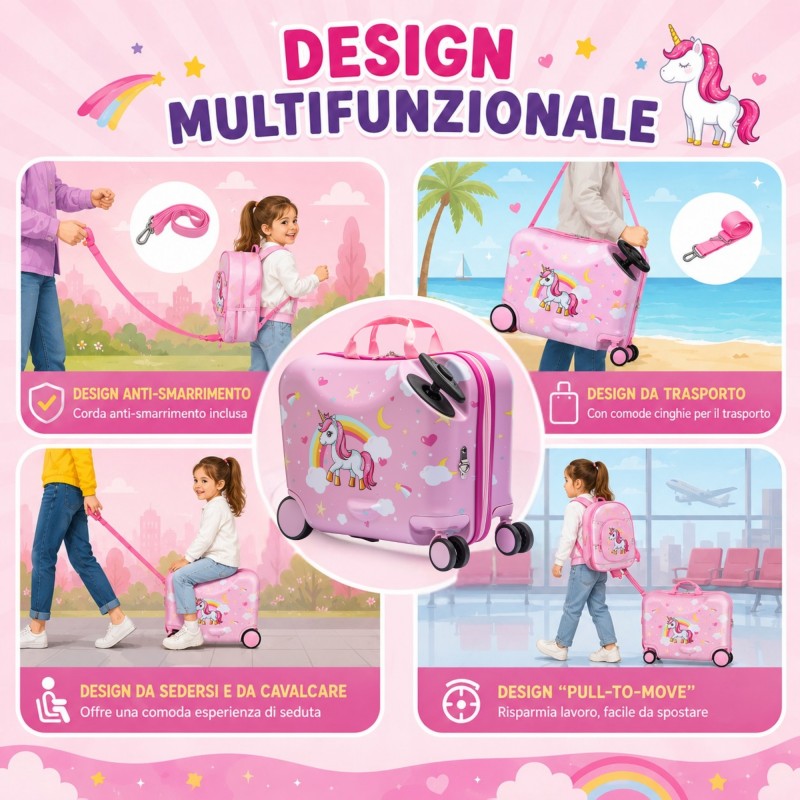 MonTravel Valigia Trolley Unicorno Cavalcabile per Bambini con Asta Telescopica Poggiapiedi e Zainetto MT-025 Horse
