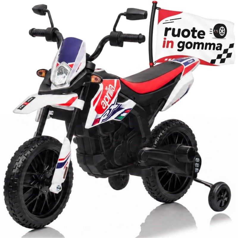 Moto Elettrica per bambini 12V Cross Aprilia RX125 con Ruote in Gomma Sedile in pelle Doppio Motore Rotelle Luci e Suoni - Bianco