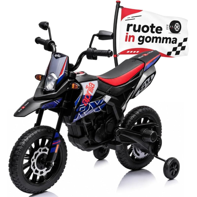 Moto Elettrica per bambini 12V Cross Aprilia RX125 con Ruote in Gomma Sedile in pelle Doppio Motore Rotelle Luci e Suoni - Blu