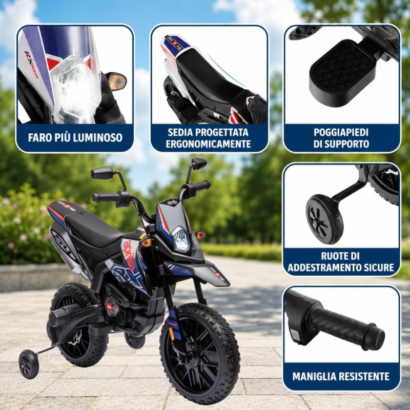 Moto Elettrica per bambini 12V Cross Aprilia RX125 con Ruote in Gomma Sedile in pelle Doppio Motore Rotelle Luci e Suoni – Variante Blu