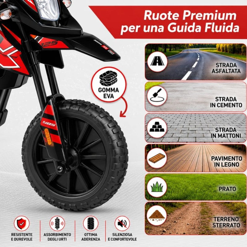 Moto Elettrica per bambini 12V Cross Aprilia RX125 con Ruote in Gomma Sedile in pelle Doppio Motore Rotelle Luci e Suoni – Variante Bianco