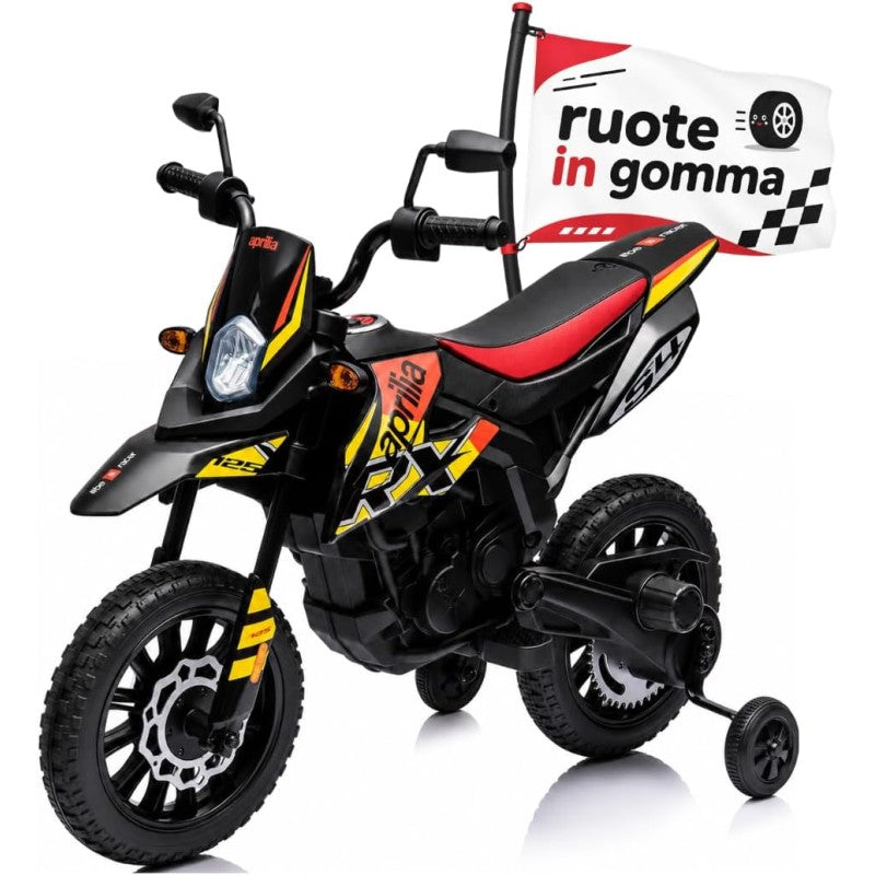 Moto Elettrica per bambini 12V Cross Aprilia RX125 con Ruote in Gomma Sedile in pelle Doppio Motore Rotelle Luci e Suoni – Variante Giallo