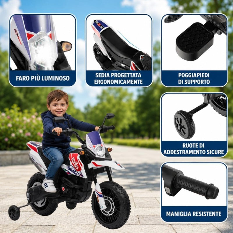 Moto Elettrica per bambini 12V Cross Aprilia RX125 con Ruote in Gomma Sedile in pelle Doppio Motore Rotelle Luci e Suoni – Variante Bianco
