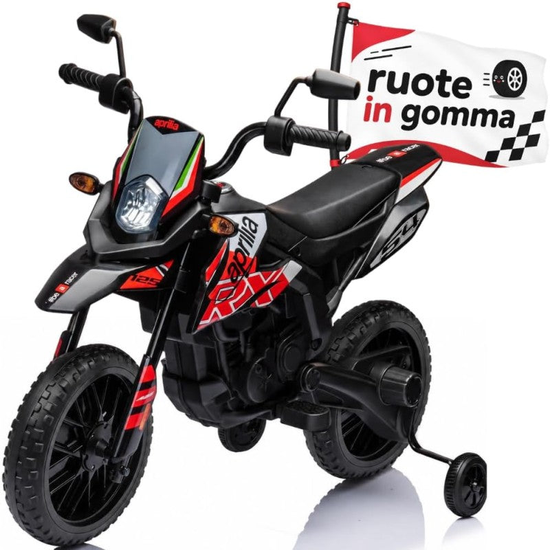 Moto Elettrica per bambini 12V Cross Aprilia RX125 con Ruote in Gomma Sedile in pelle Doppio Motore Rotelle Luci e Suoni - Rosso