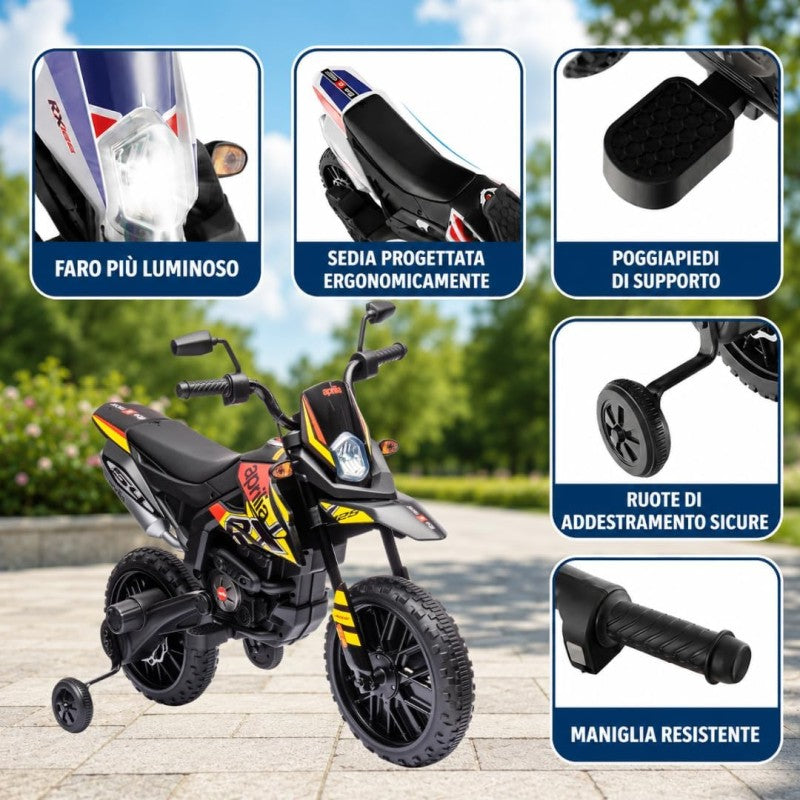 Moto Elettrica per bambini 12V Cross Aprilia RX125 con Ruote in Gomma Sedile in pelle Doppio Motore Rotelle Luci e Suoni – Variante Giallo