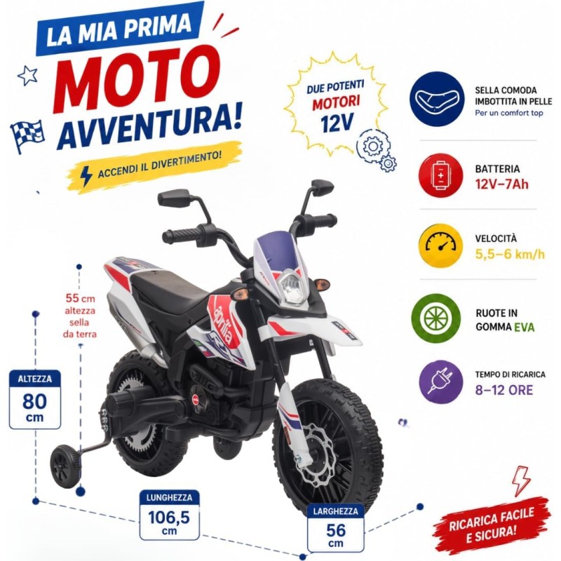 Moto Elettrica per bambini 12V Cross Aprilia RX125 con Ruote in Gomma Sedile in pelle Doppio Motore Rotelle Luci e Suoni – Variante Bianco