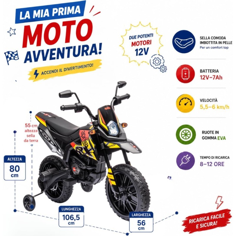Moto Elettrica per bambini 12V Cross Aprilia RX125 con Ruote in Gomma Sedile in pelle Doppio Motore Rotelle Luci e Suoni – Variante Giallo