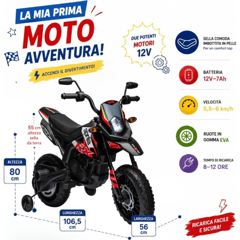Moto Elettrica per bambini 12V Cross Aprilia RX125 con Ruote in Gomma Sedile in pelle Doppio Motore Rotelle Luci e Suoni – Variante Rosso
