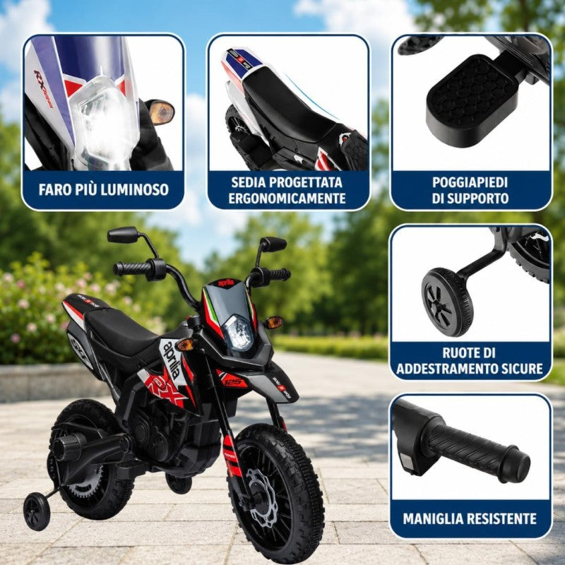 Moto Elettrica per bambini 12V Cross Aprilia RX125 con Ruote in Gomma Sedile in pelle Doppio Motore Rotelle Luci e Suoni – Variante Rosso