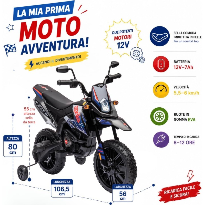 Moto Elettrica per bambini 12V Cross Aprilia RX125 con Ruote in Gomma Sedile in pelle Doppio Motore Rotelle Luci e Suoni – Variante Blu