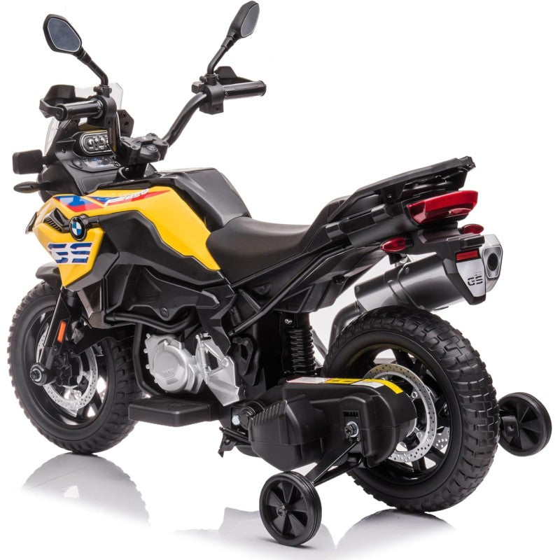 Moto Elettrica per Bambini BMW F 850 GS 12V Motocicletta con Ruote in Gomma Luci LED MP3 Suoni Rotelle Removibili Sospensioni – Variante Giallo