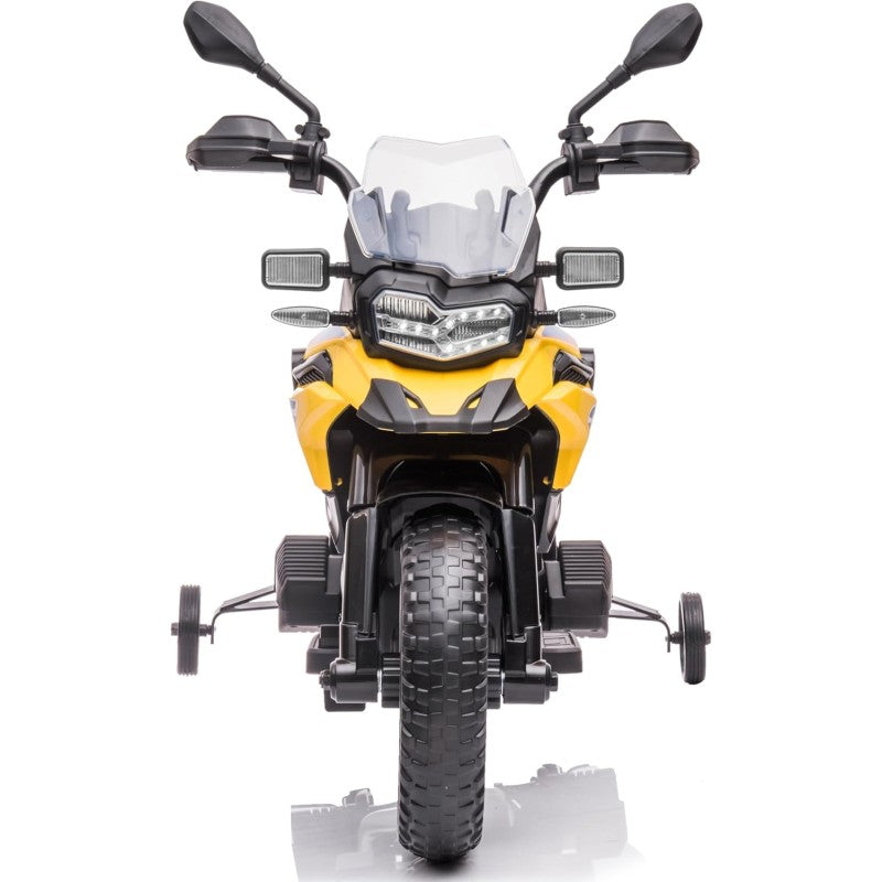 Moto Elettrica per Bambini BMW F 850 GS 12V Motocicletta con Ruote in Gomma Luci LED MP3 Suoni Rotelle Removibili Sospensioni – Variante Giallo
