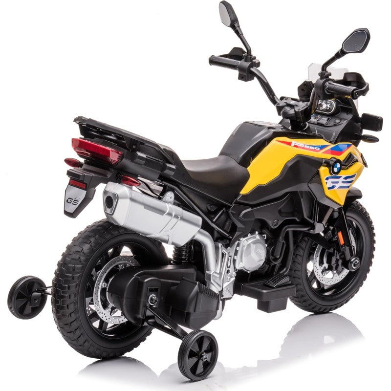 Moto Elettrica per Bambini BMW F 850 GS 12V Motocicletta con Ruote in Gomma Luci LED MP3 Suoni Rotelle Removibili Sospensioni – Variante Giallo