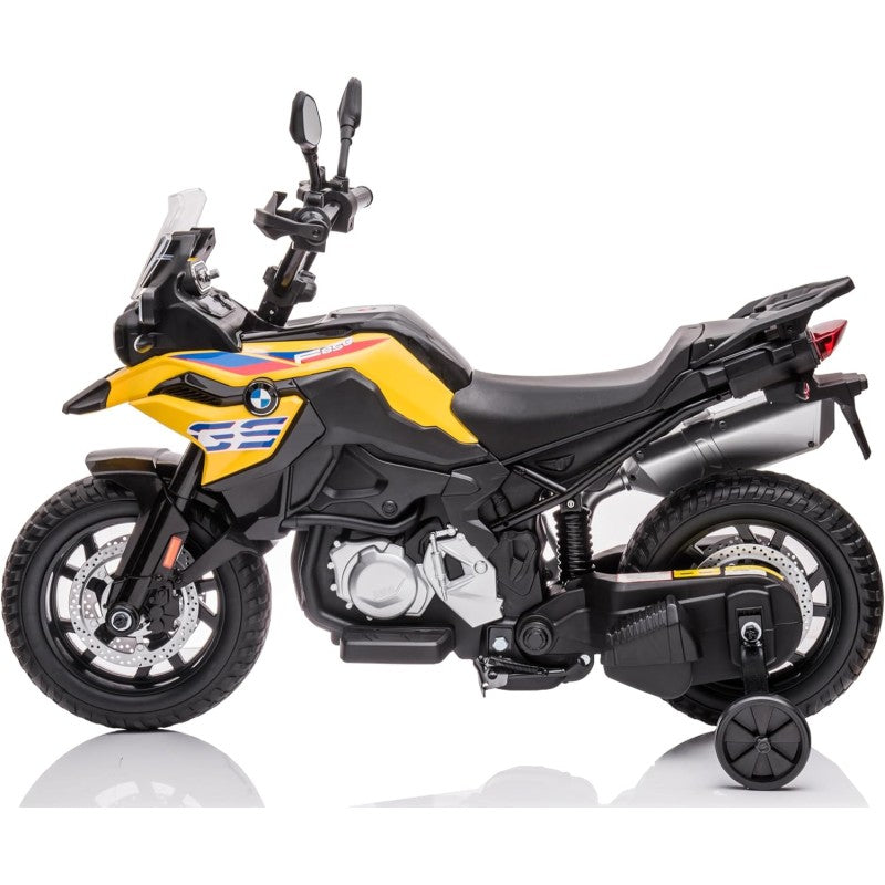 Moto Elettrica per Bambini BMW F 850 GS 12V Motocicletta con Ruote in Gomma Luci LED MP3 Suoni Rotelle Removibili Sospensioni – Variante Giallo