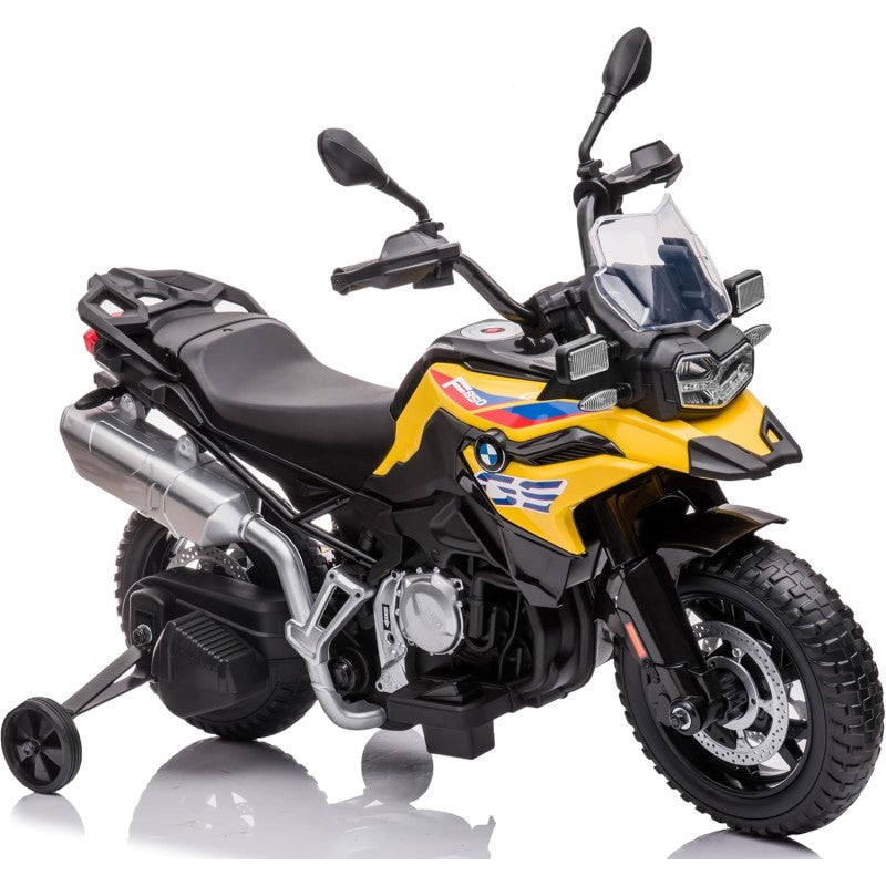 Moto Elettrica per Bambini BMW F 850 GS 12V Motocicletta con Ruote in Gomma Luci LED MP3 Suoni Rotelle Removibili Sospensioni – Variante Giallo