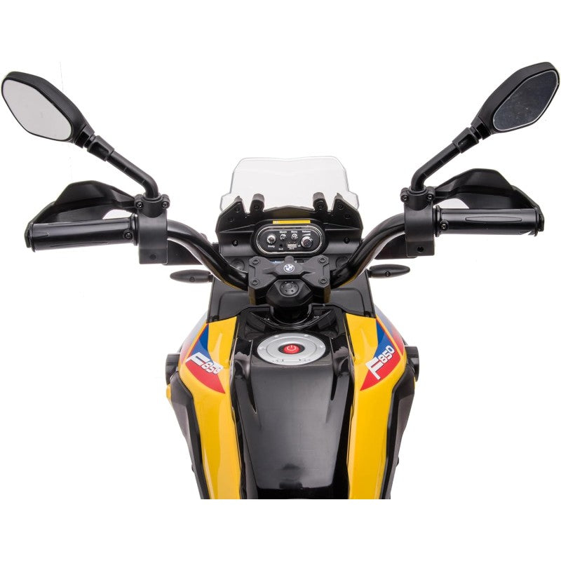 Moto Elettrica per Bambini BMW F 850 GS 12V Motocicletta con Ruote in Gomma Luci LED MP3 Suoni Rotelle Removibili Sospensioni – Variante Giallo