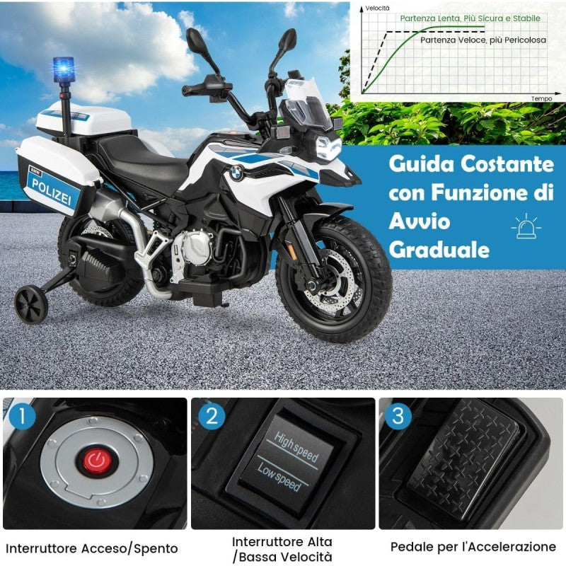 Moto Elettrica per Bambini BMW F850 GS 12V Police Edition con Luci LED MP3 Sirena Bauletto e Rotelle