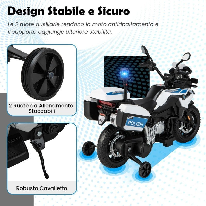 Moto Elettrica per Bambini BMW F850 GS 12V Police Edition con Luci LED MP3 Sirena Bauletto e Rotelle