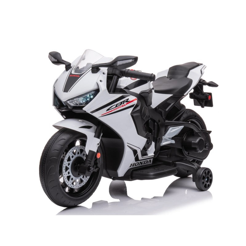 Moto elettrica per bambini Honda CBR 1000 12V con accelleratore a pedale con Luci a LED e Suoni integrati - Bianco